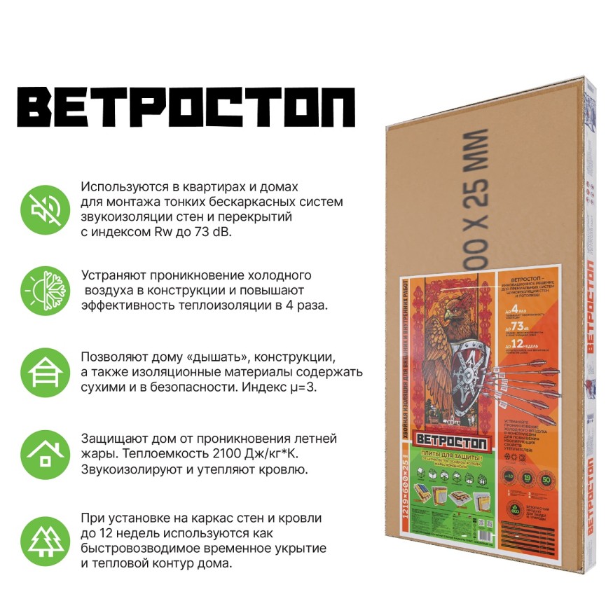 Ветрозащитная шумоизоляционная панель ВЕТРОСТОП 2500х600х25 мм с шип-пазом 19 мм купить в Красноярске