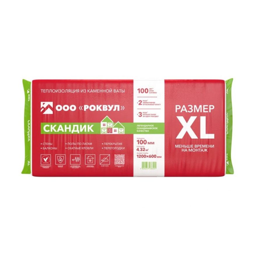 Утеплитель Роквул Скандик XL 100мм, 6 плит, 4.32м2, 600х1200мм, 0.432м3 Rockwool купить в Красноярске